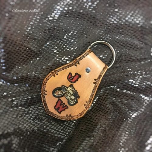 Motor bike and initials leather keyfob with barbwire border