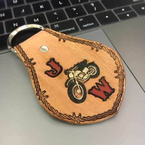 Motor bike and initials leather keyfob with barbwire border