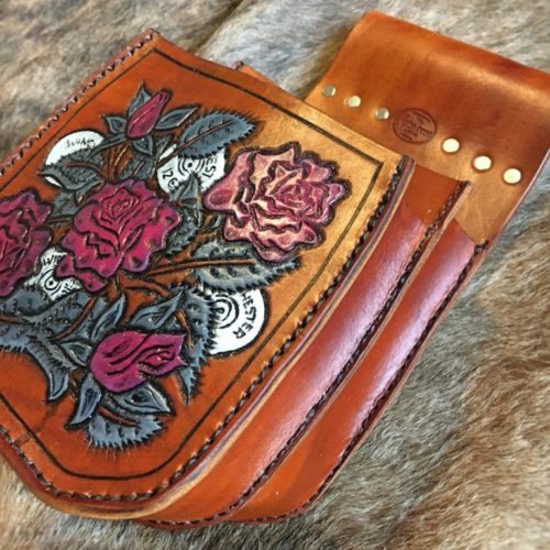 Leather pink roses and shells shooting pouch