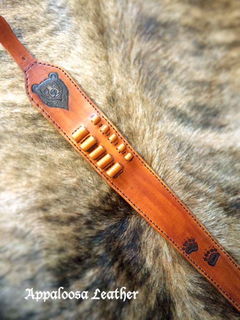 Black bear leather rifle sling with ammo slots