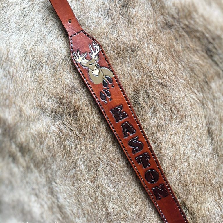 Whitetail deer and tracking custom leather rifle sling