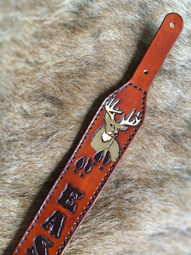 Whitetail deer and tracking custom leather rifle sling