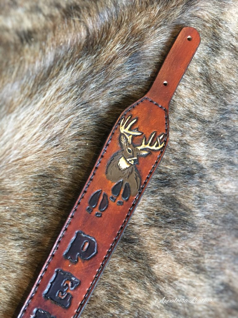 Whitetail deer and tracking custom leather rifle sling