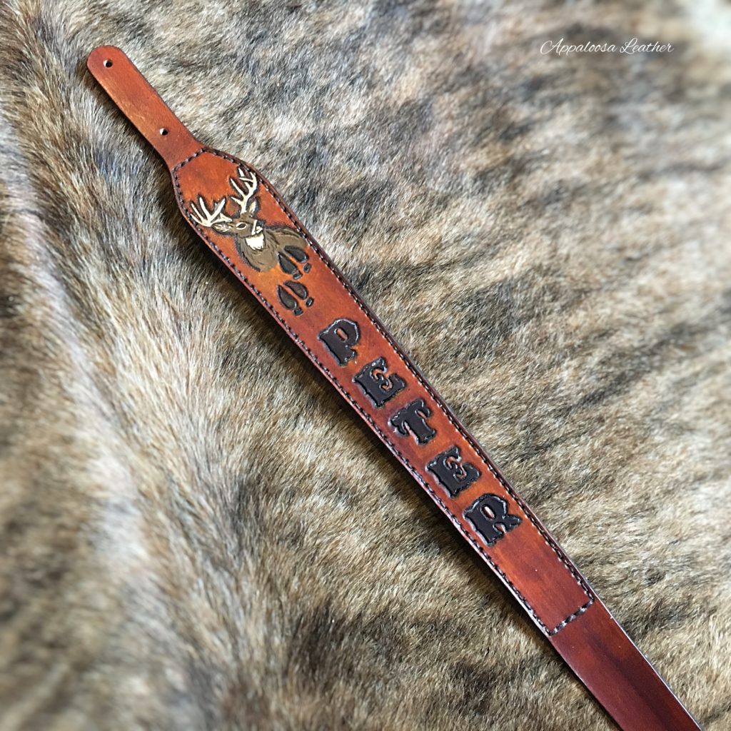 Whitetail deer and tracking custom leather rifle sling