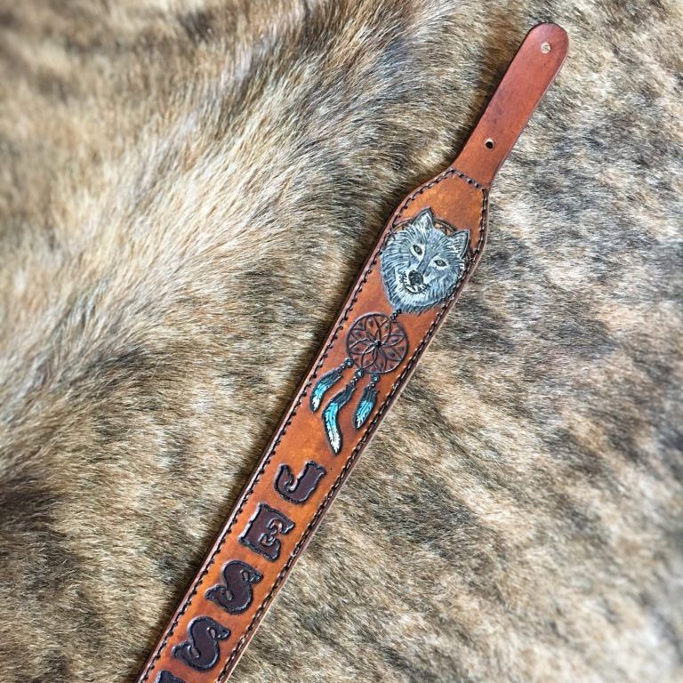 wolf and dream catcher custom leather gun sling