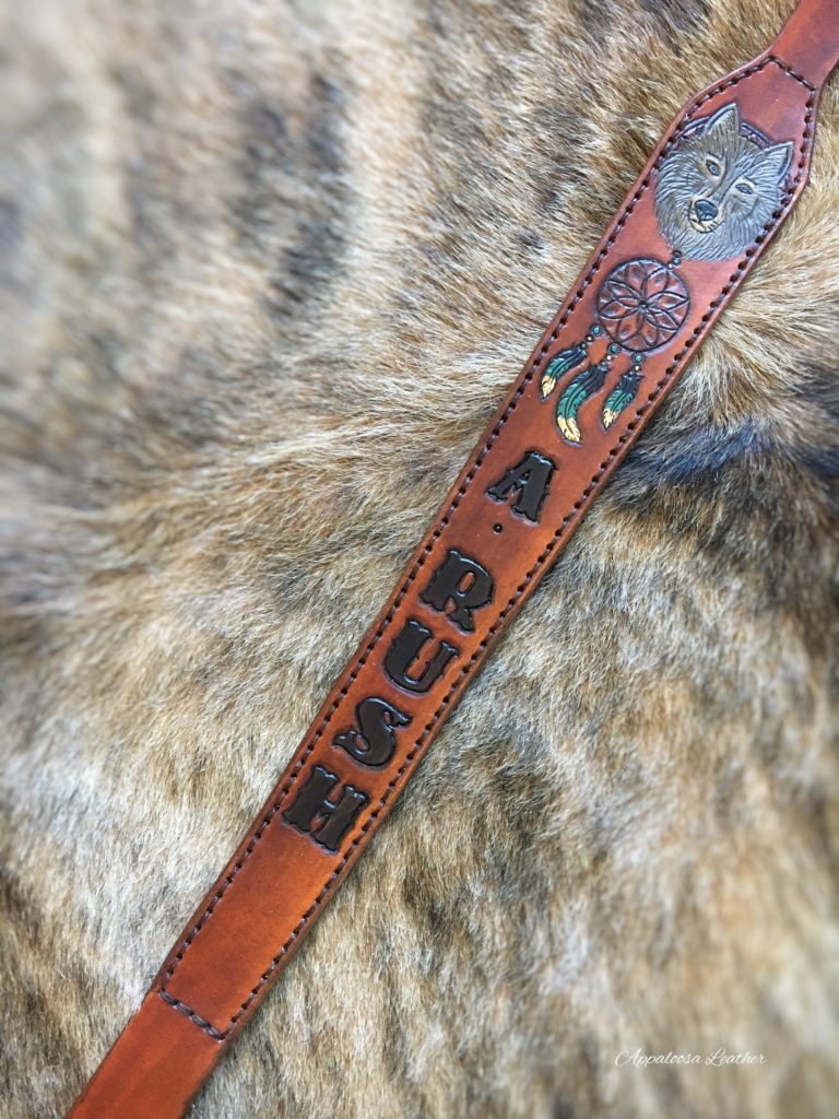 wolf and dream catcher custom leather gun sling