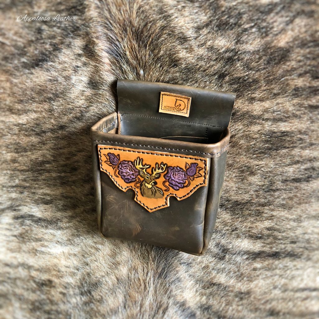 1 Compartment Tooled Shooting Pouch with Deer and Purple Roses