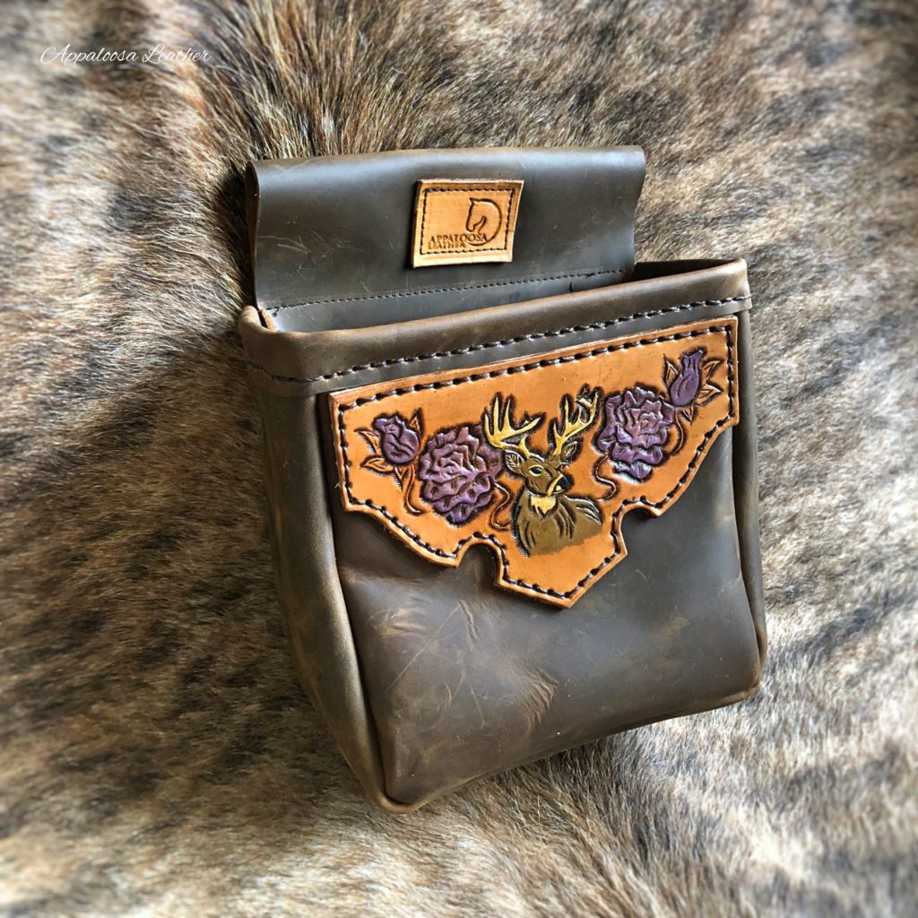 1 Compartment Tooled Shooting Pouch with Deer and Purple Roses