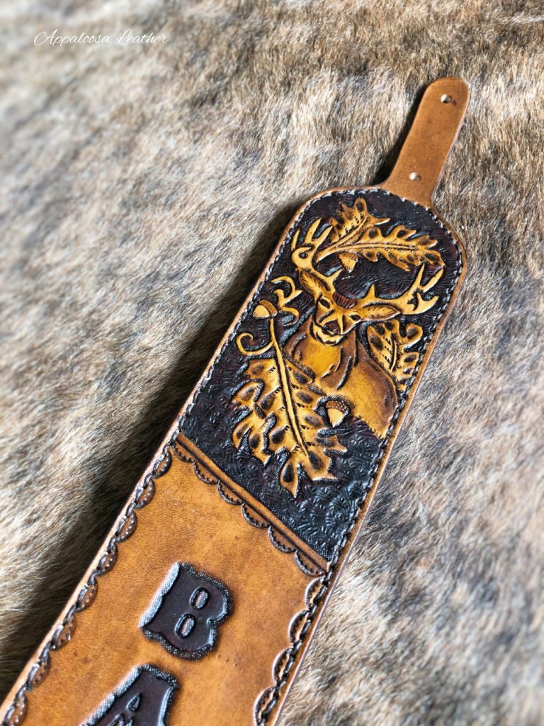 Custom leather mule deer oak and acorn gun sling rustic