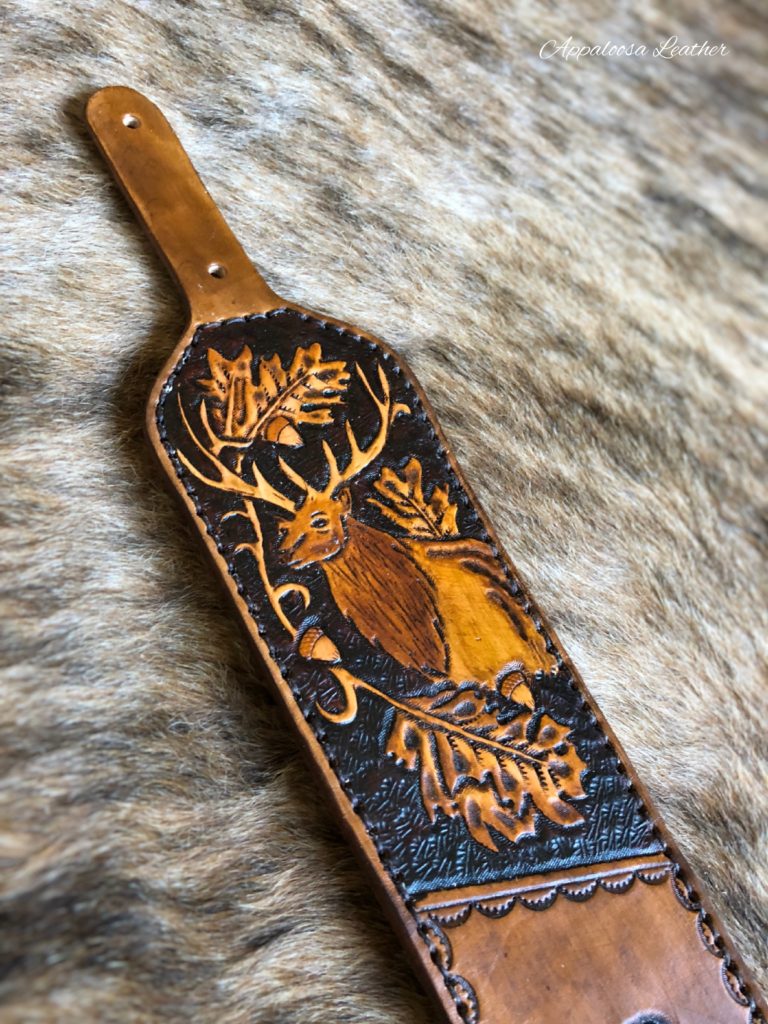 Elk with Oak & Acorn Custom Leather Sling