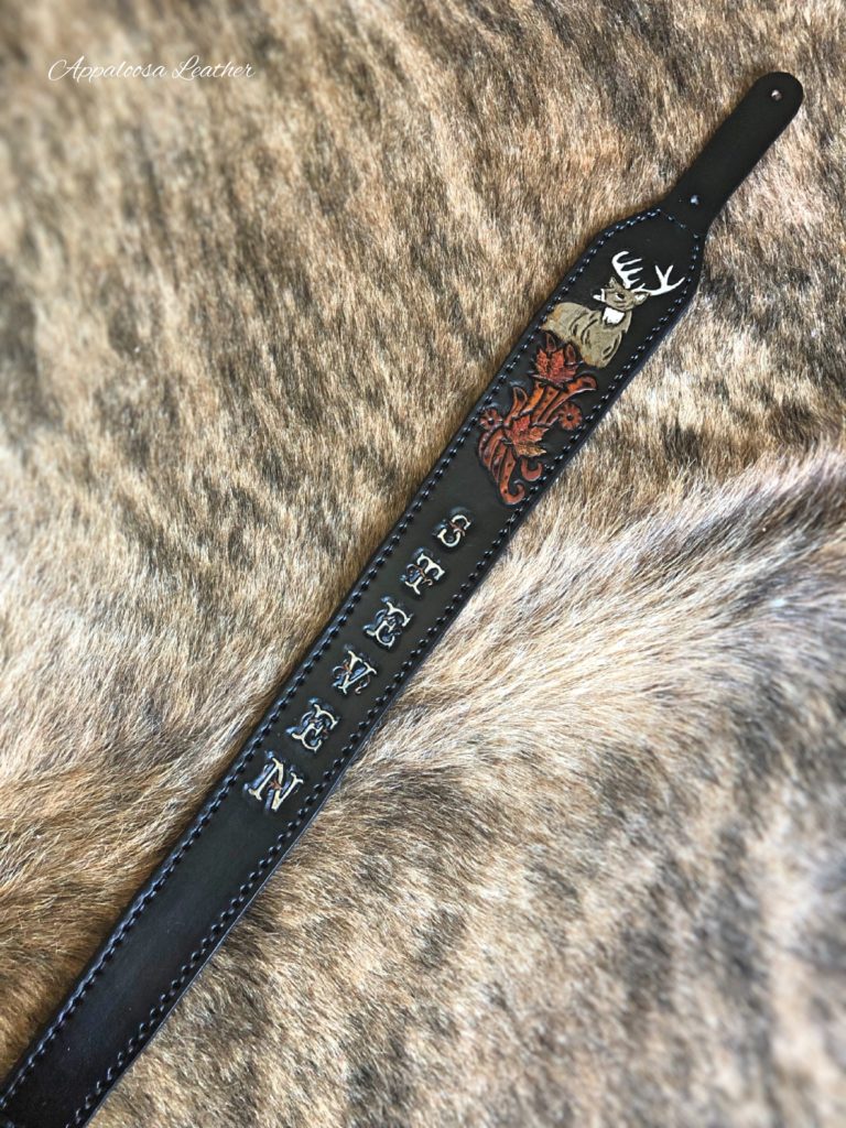 Custom leather gun sling with a whitetail deer, maple leaves western floral in black